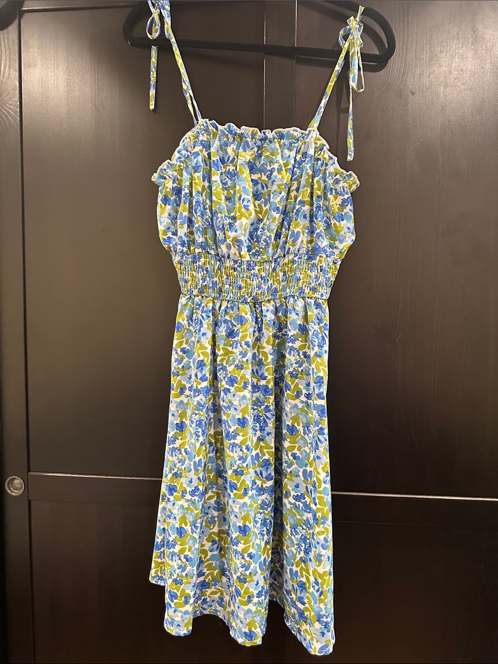 Smocked Floral Midi Dress with Tie Straps - Blue & Green
